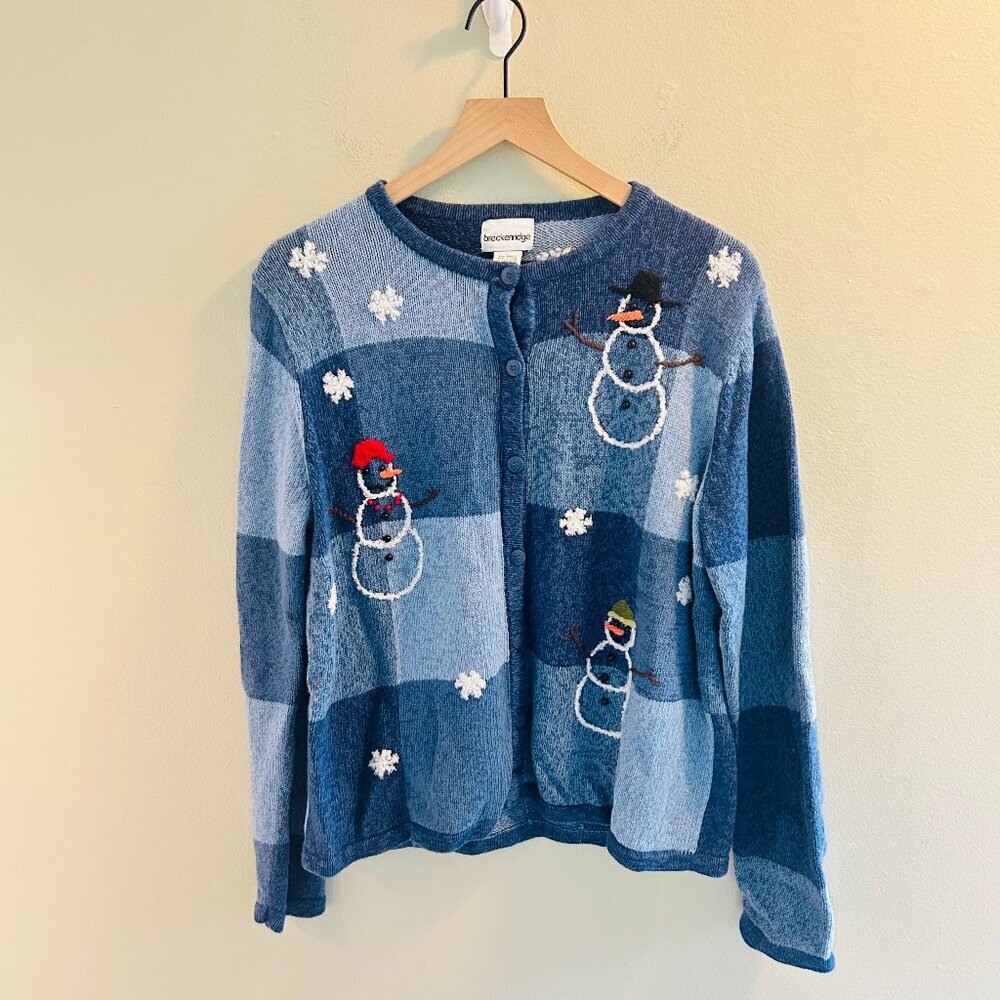 Breckenridge Snowman Cardigan Womens Size Large Vintage Blue Applique Sweater - Picture 11 of 11